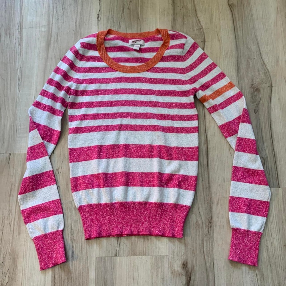 Arizona Jean Co Pink White Striped Metallic Sweater Orange Trim Medium